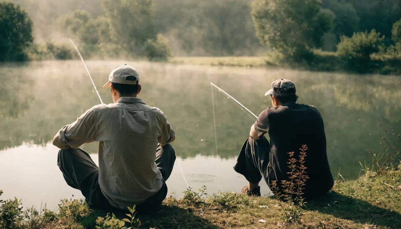 Two people fish side by side from a calm riverbank in soft morning mist