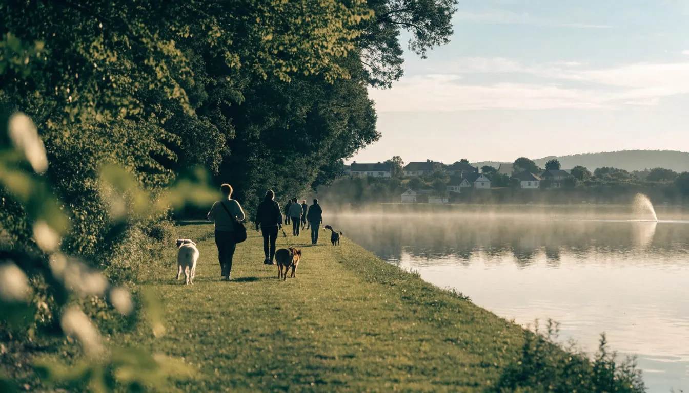 People walk dogs on a green lakeside path around a calm lake in morning light