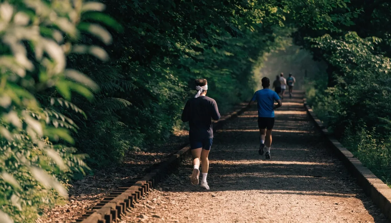 Friends jog together on a shaded rail-trail through green trees in morning light