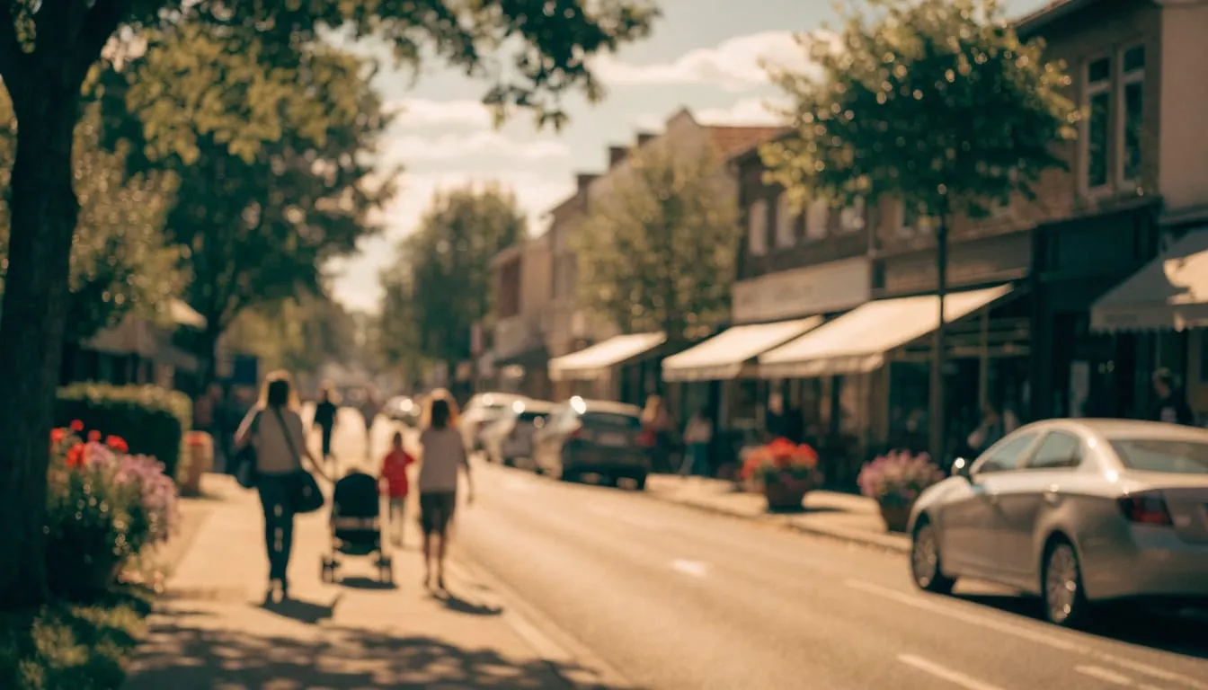 Families stroll a tree-lined suburban main street with cafés on a warm morning