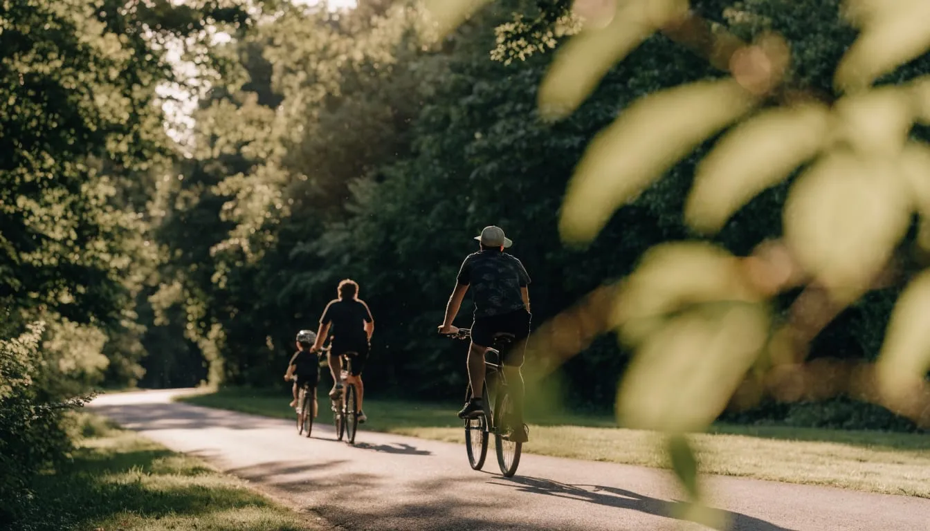 A family cycles together on a paved park trail through green woodland