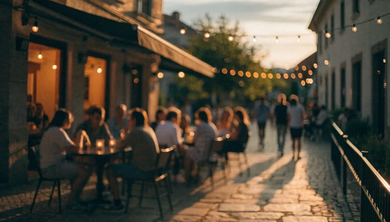 People relax at outdoor café tables on a small plaza under string lights at dusk