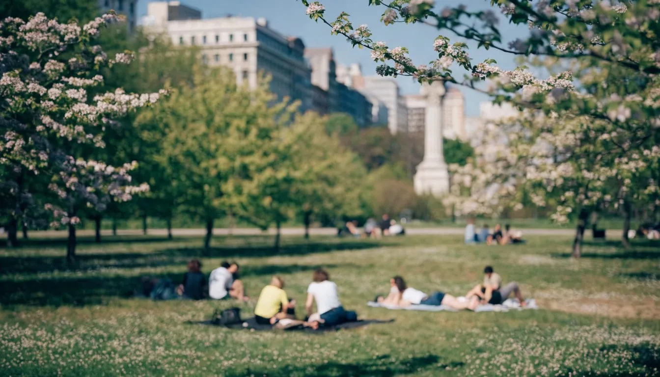 People relax on picnic blankets under blossoming spring trees in a city park