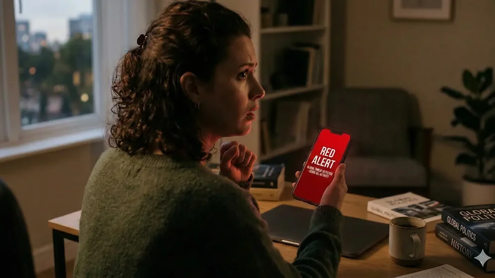 Someone at a desk looks away from a phone showing a red breaking-news alert at dusk.