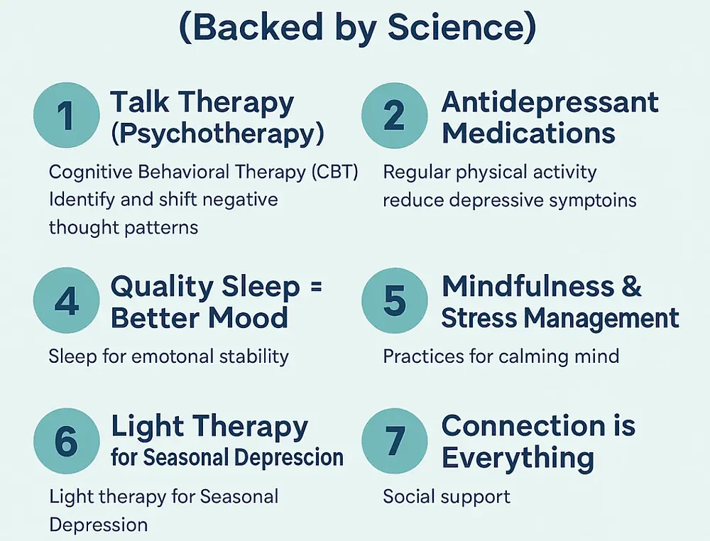 Text outlines seven science-backed strategies for mental health: therapy, medication, sleep, mindfulness, light therapy, and social support.